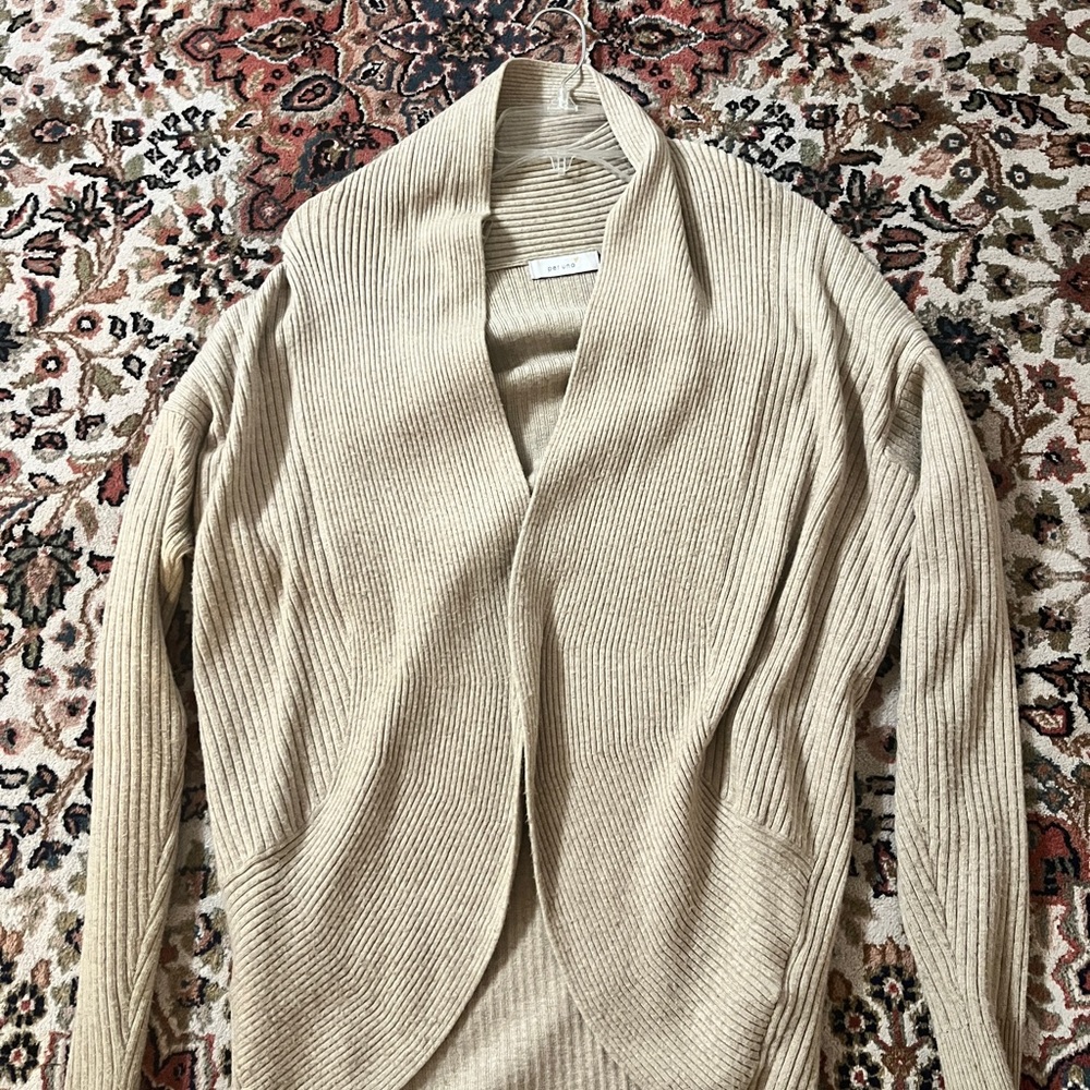 Beige Ribbed Open Cardigan